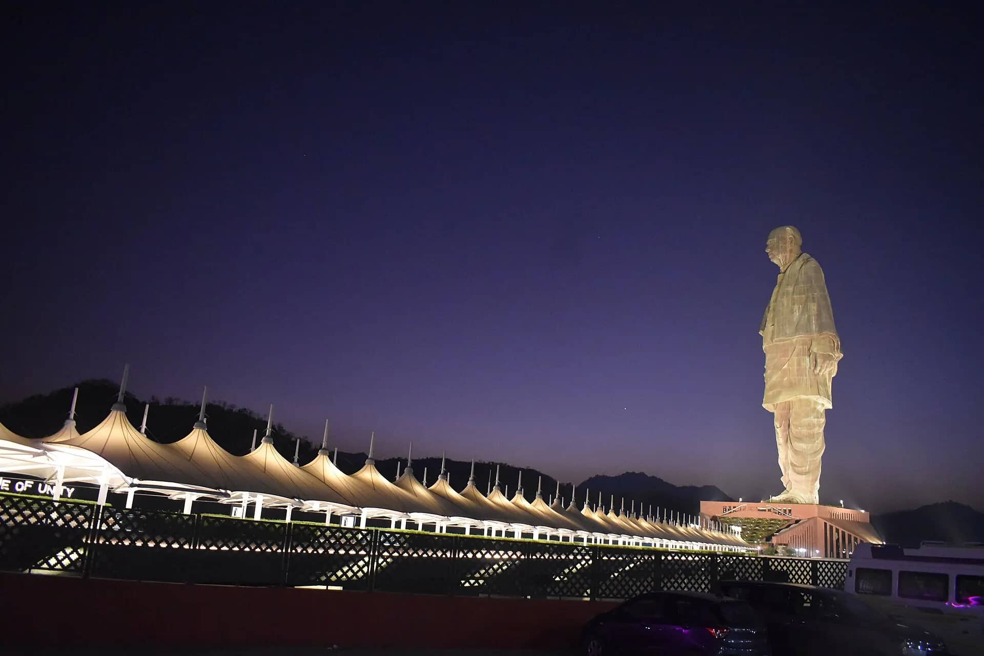 Statue of Unity lit up at night
